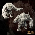 two detailed, imposing sculptures of fantastical creatures, likely from a fantasy or science fiction setting. The sculptures are intricately designed and exhibit a sense of power and ferocity.