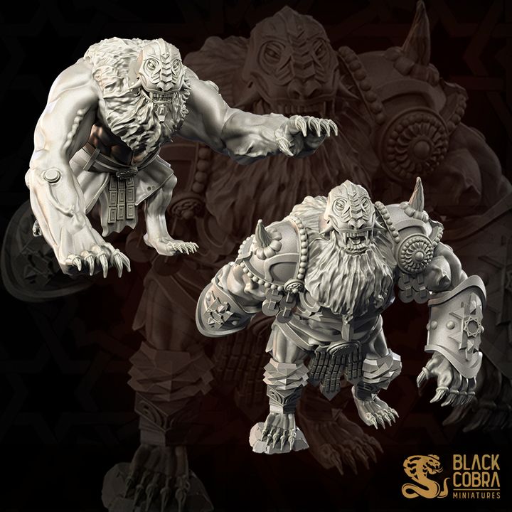 two detailed, imposing sculptures of fantastical creatures, likely from a fantasy or science fiction setting. The sculptures are intricately designed and exhibit a sense of power and ferocity.