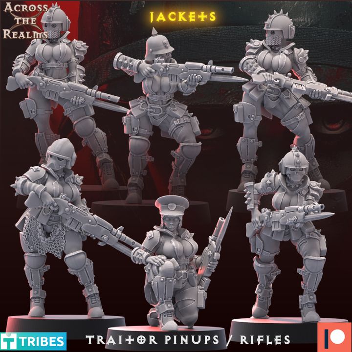 six detailed 3D models of female soldiers, each holding various weapons such as guns and knives, arranged in a grid-like pattern. The soldiers are wearing helmets and armor, suggesting they are part of a military unit or team. The image does not contain any text, and the soldiers are positioned in a way that they appear to be ready for action or combat.
