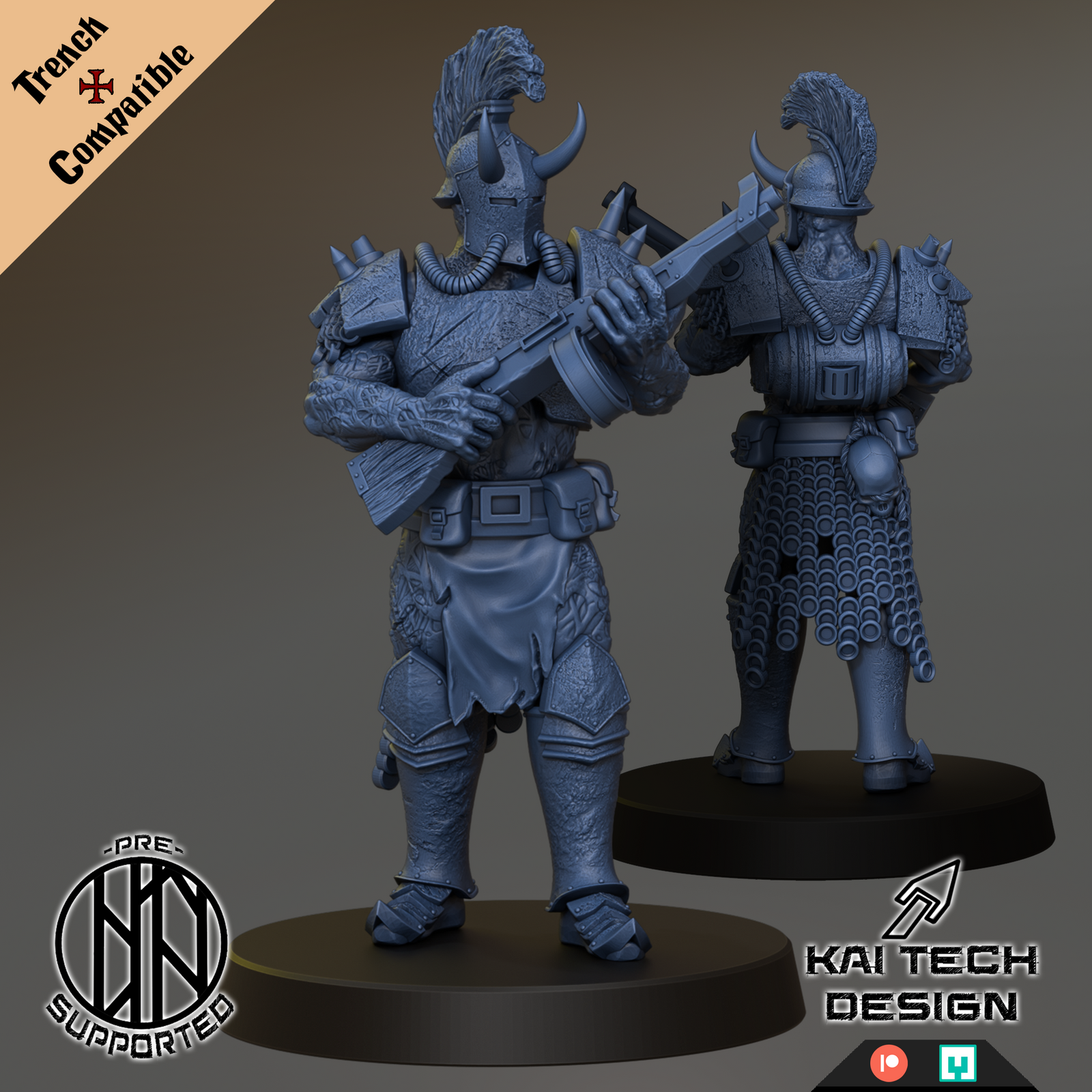 two detailed, armored fantasy characters, one standing and one kneeling, both wearing helmets and carrying weapons.