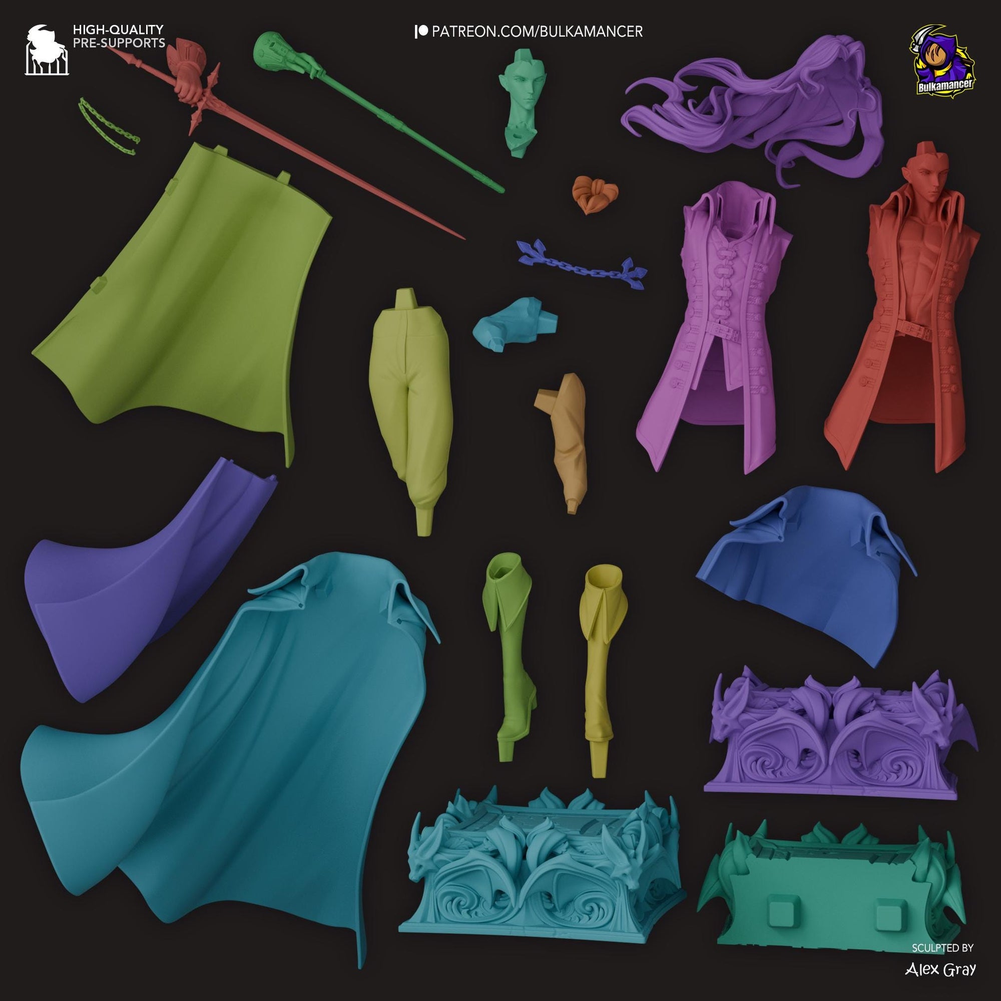 a bunch of different colored plastic items on a black background
