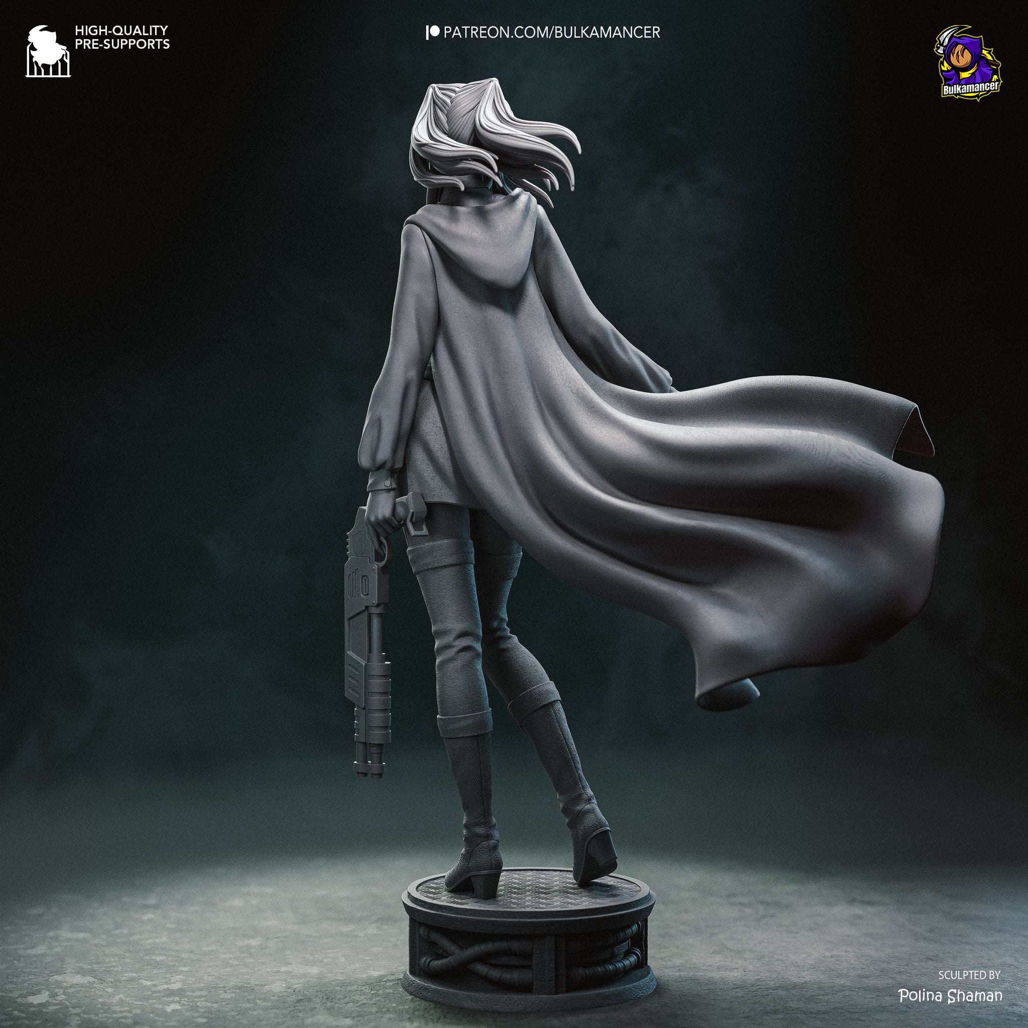 A 3D rendering of a female character with flowing hair and a cape, holding a weapon, standing on a platform against a dark background.