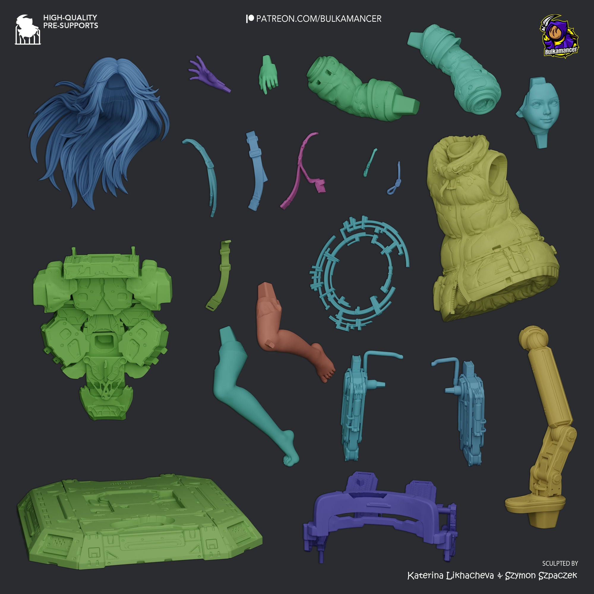 various 3D models and parts, including a helmet, a body armor, and other futuristic-looking objects, all in different colors and shapes.