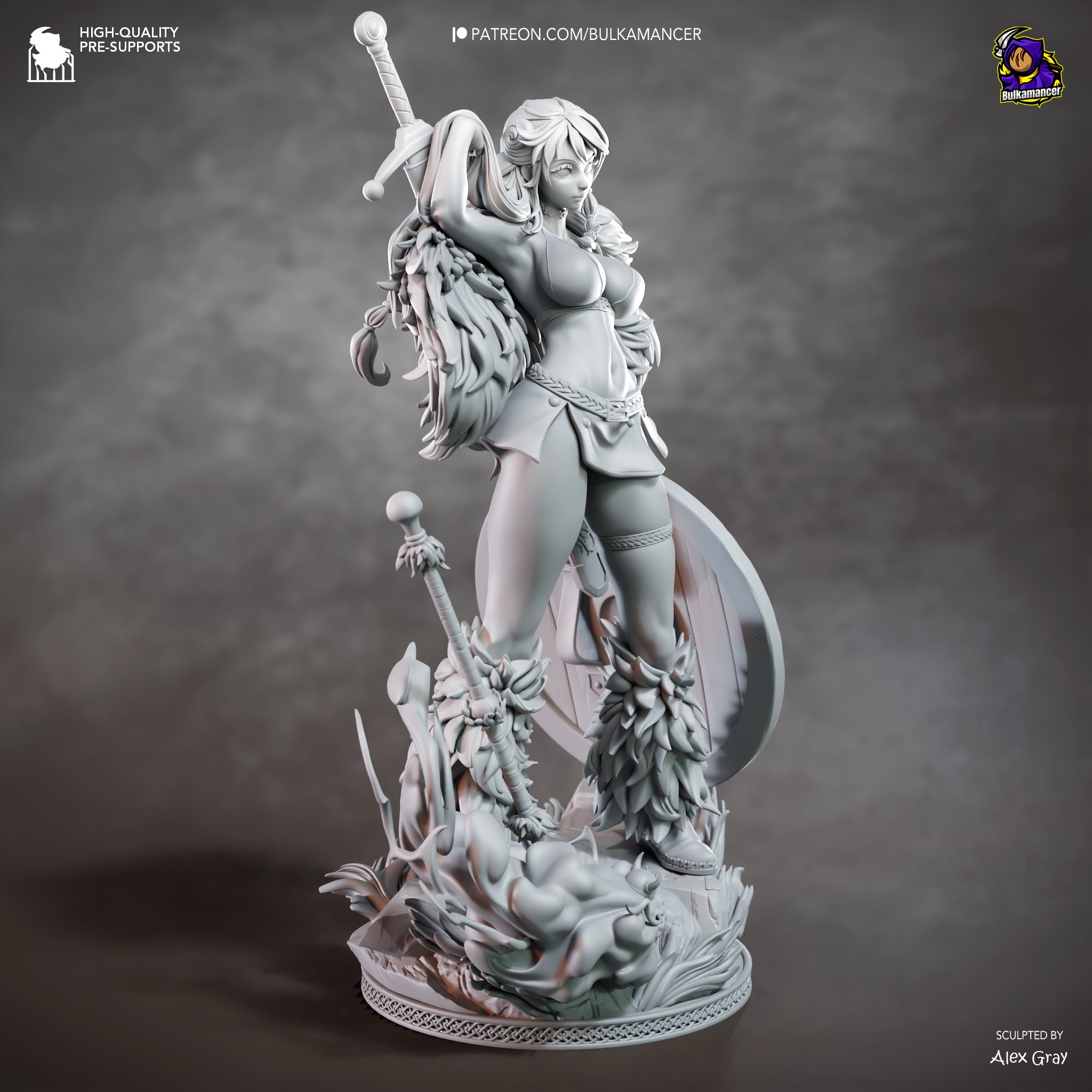 A detailed 3D model of a female warrior figure, holding a sword and shield, standing on a rocky base with a dragon-like creature in the background.