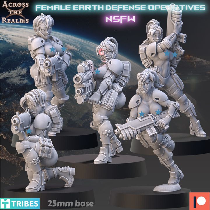 The image is a collage of five female action figures from the video game "Tribes: Female Earth Defense Operatives" with a 25mm base. The figures are posed in various stances, showcasing their combat readiness and strength.