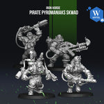 four pirate-themed action figures, each with unique poses and weapons, set against a dark background with green sparks.