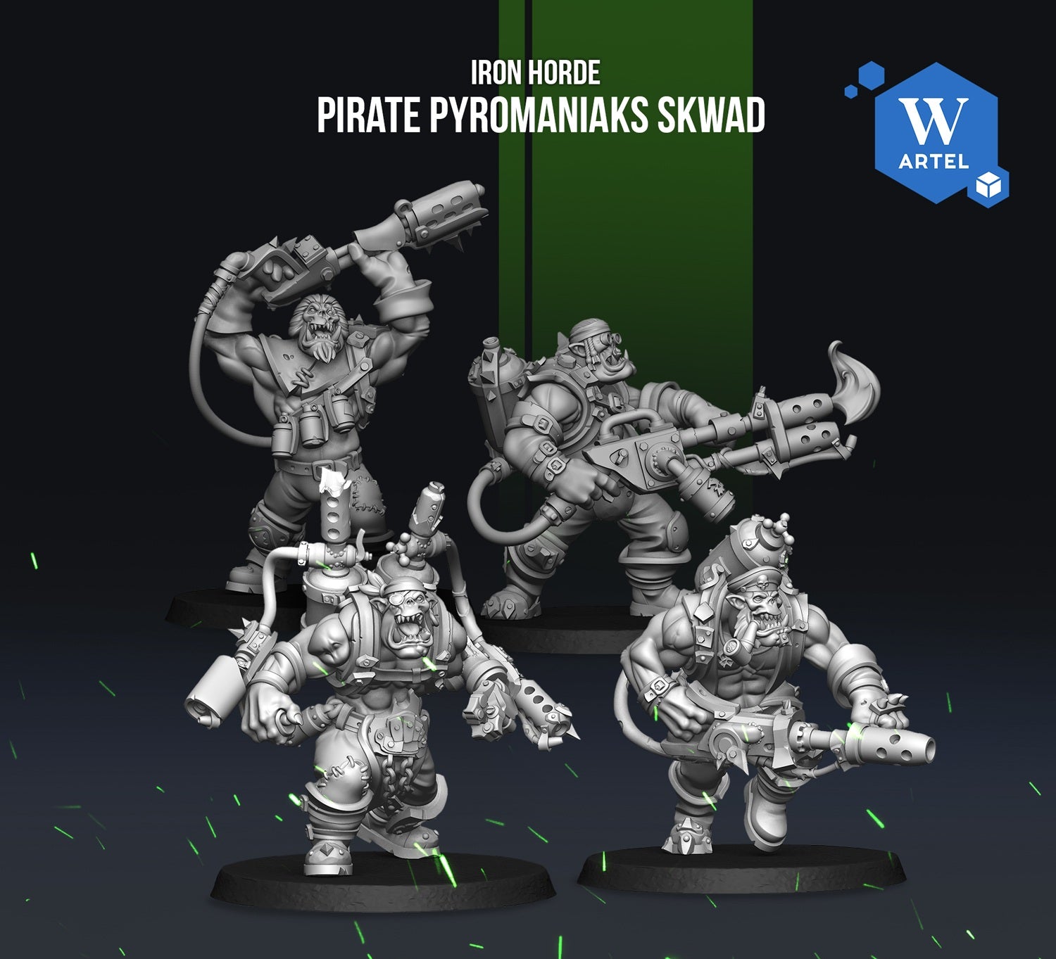four pirate-themed action figures, each with unique poses and weapons, set against a dark background with green sparks.