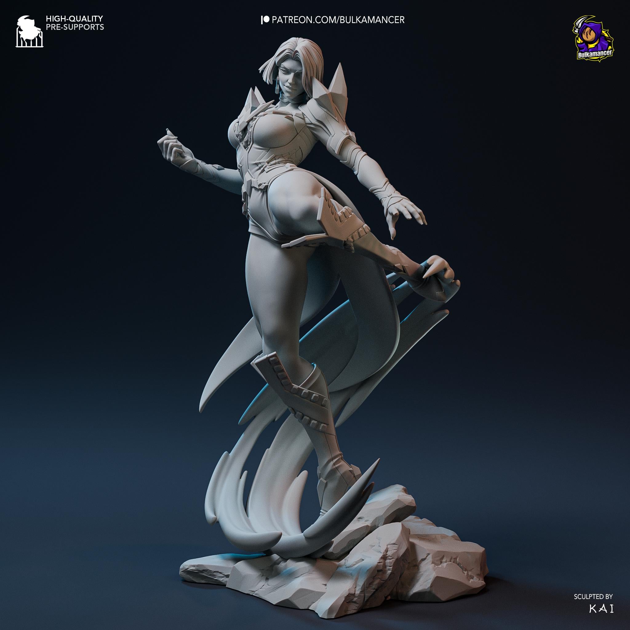 A 3D rendering of a female character with a dynamic pose, standing on a rocky base and holding a weapon.