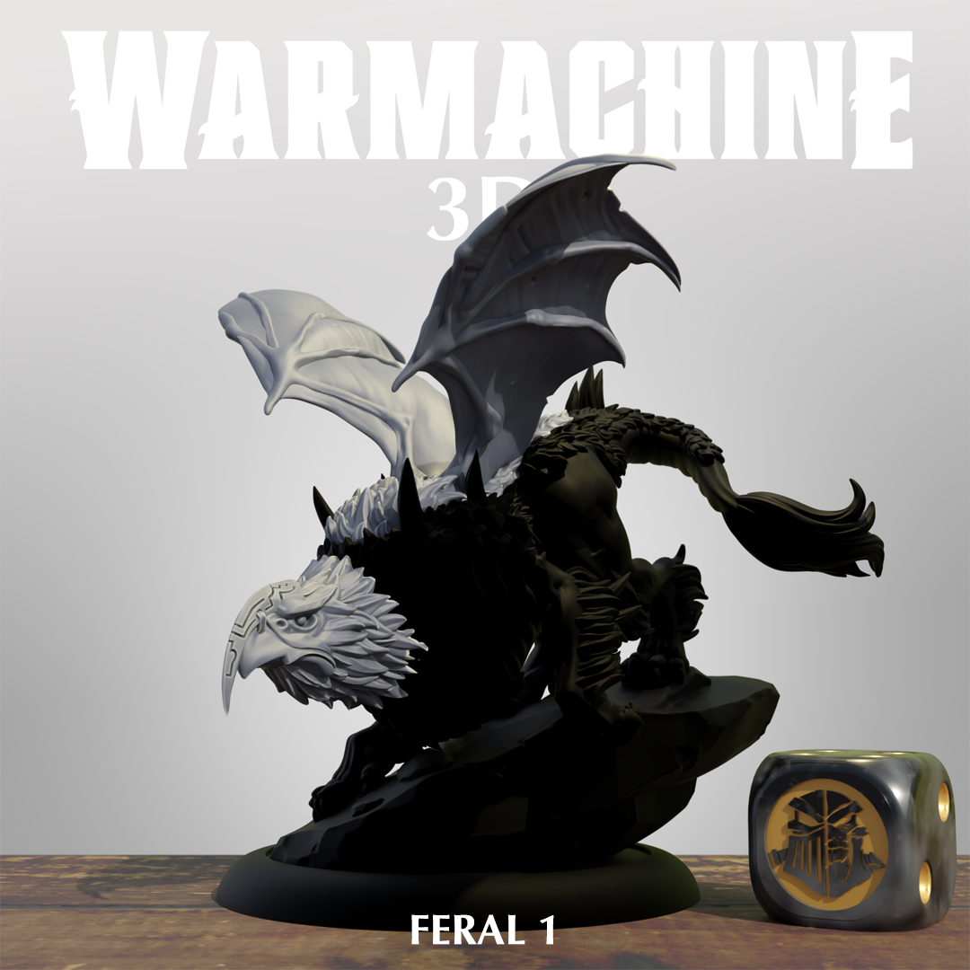 a 3D rendering of a winged creature, possibly a dragon or mythical beast, with a dice next to it. The text "WARMACHINE" is prominently displayed above the 3D model, and the word "FERAL" is visible below the 3D model.