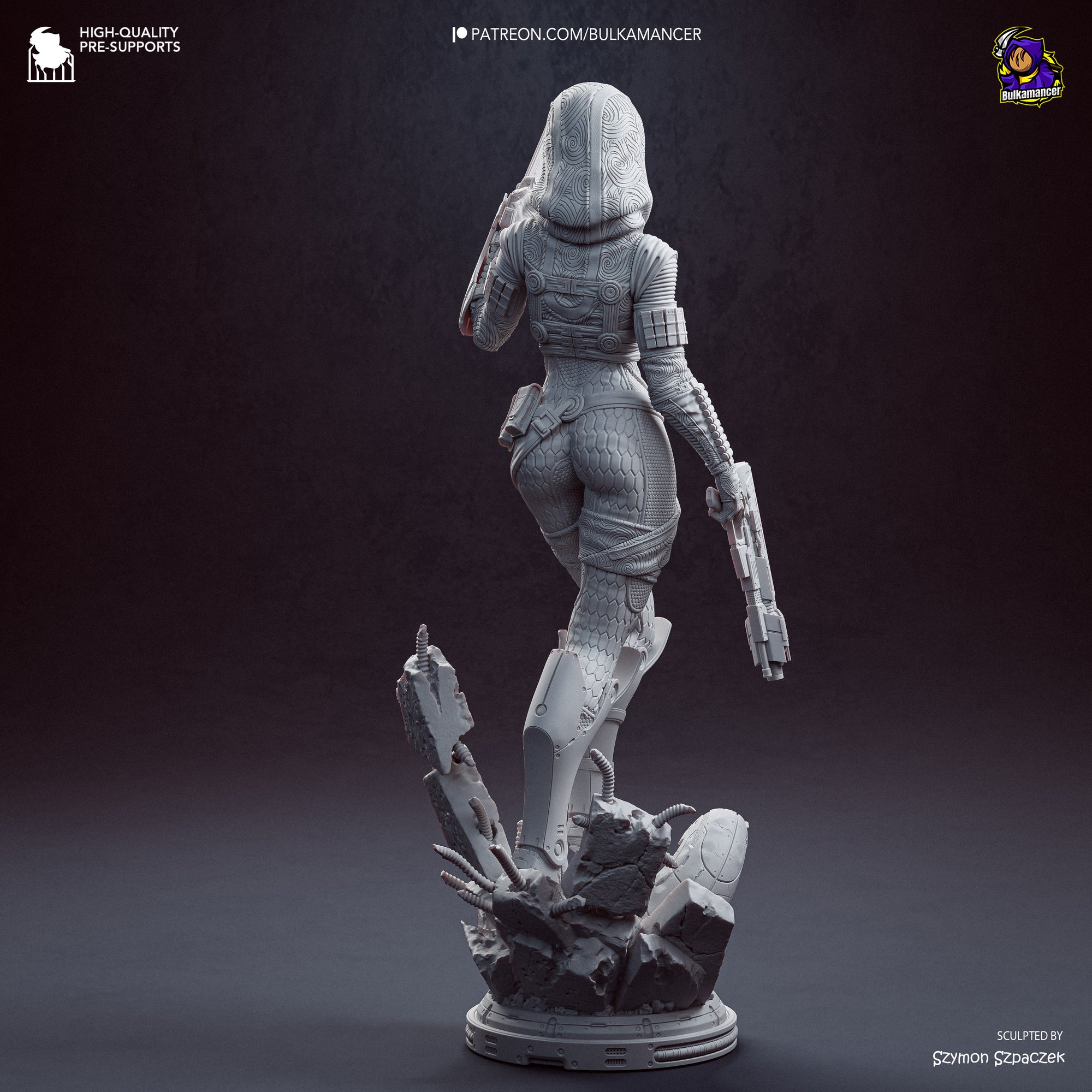 A 3D rendering of a female character in a futuristic, space-themed outfit, holding a futuristic weapon, standing on a platform amidst a pile of rubble.