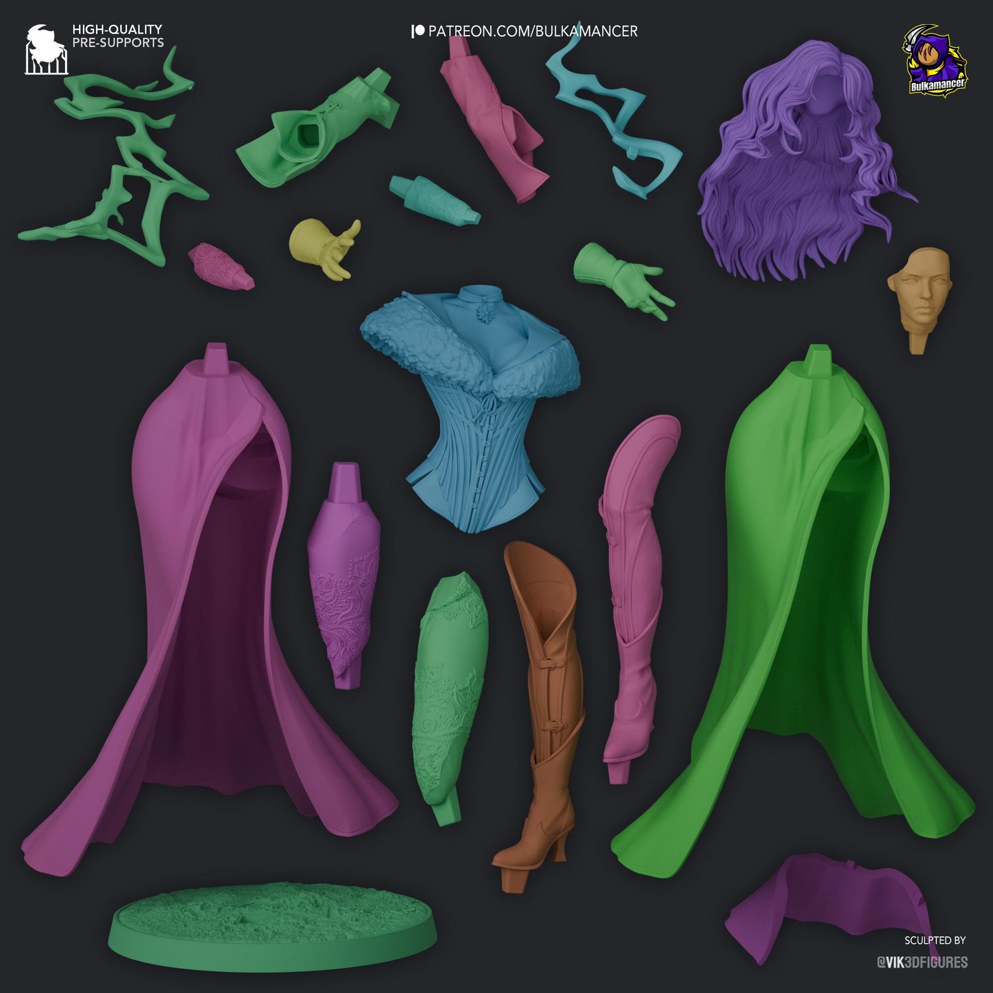 a bunch of different colored plastic items on a black background
