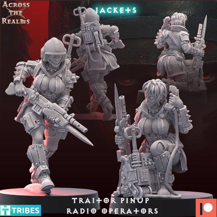 The image is a collage of four different views of a female character in a futuristic, heavily armed and armored outfit, holding various weapons and equipment.