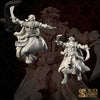 two figures, one standing and one in mid-air, both holding swords and wearing elaborate costumes.
