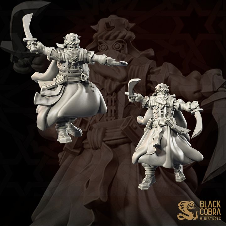 two figures, one standing and one in mid-air, both holding swords and wearing elaborate costumes.