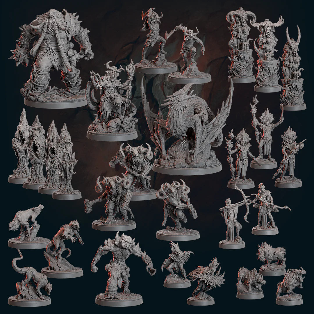 a collection of detailed fantasy figurines and characters, including a variety of creatures, mythical beings, and fantastical creatures, all set against a dark background.