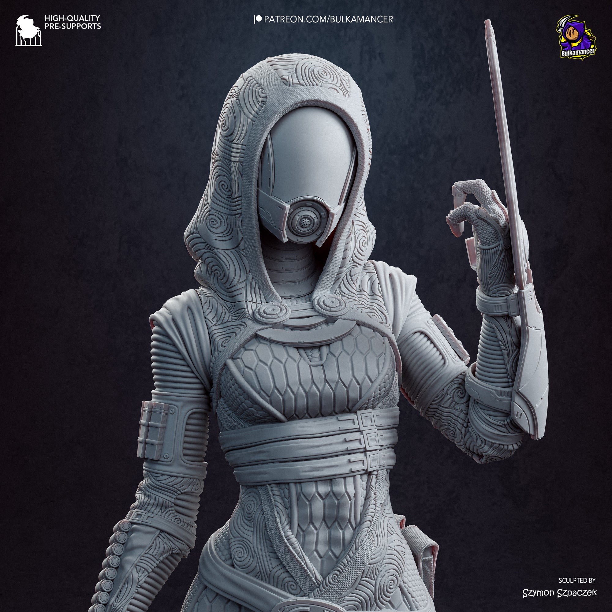 A detailed 3D rendering of a futuristic-looking character, possibly a warrior or warrior-like figure, wearing a hooded cloak and holding a weapon.