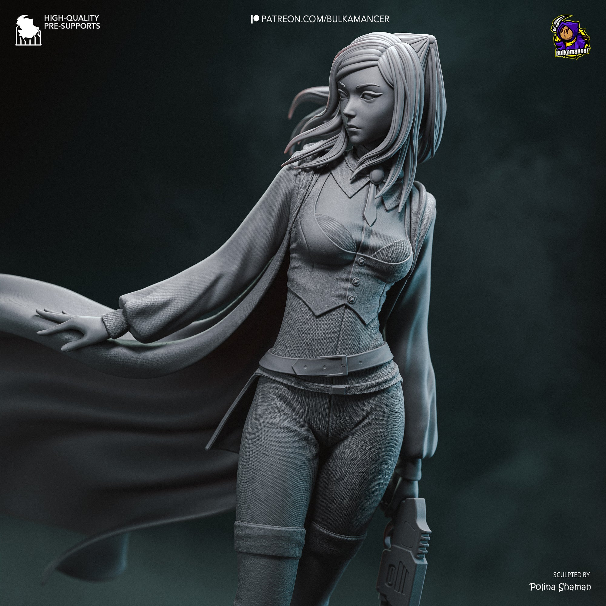 A detailed 3D model of a female character with flowing hair and a cape, holding a weapon and standing in a dramatic pose against a dark background.
