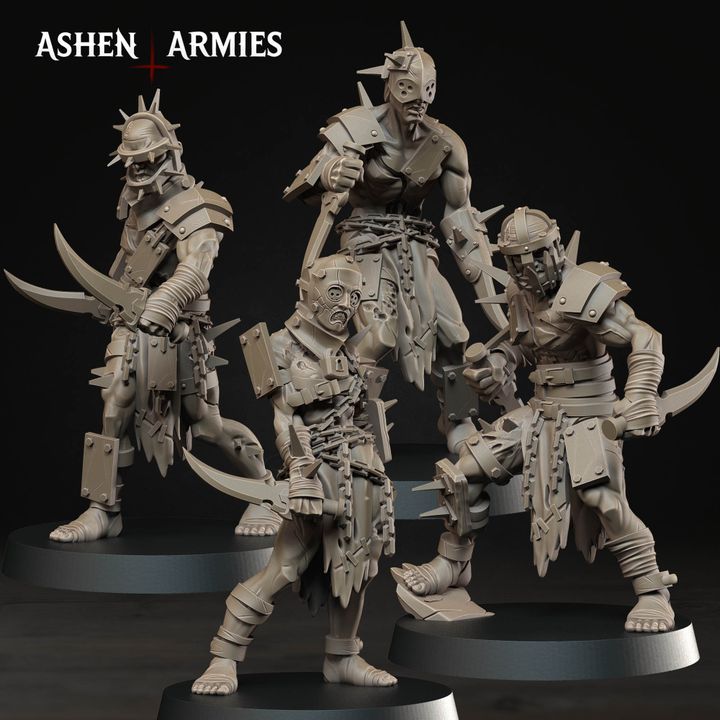 a group of heavily armored and battle-ready fantasy characters, likely from a tabletop role-playing game or tabletop miniatures.
