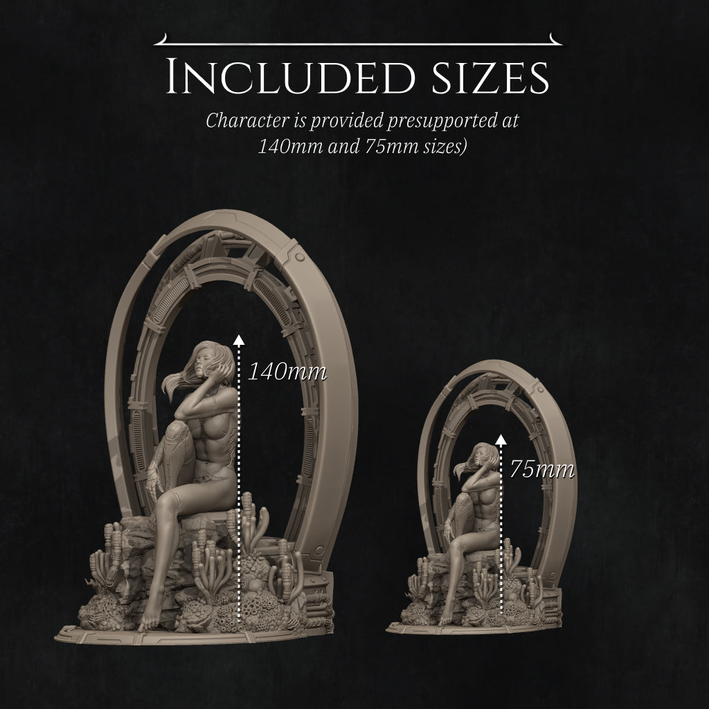 a statue of a woman sitting on a rock, with measurements provided for the different sizes of the statue.