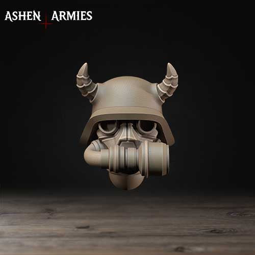 A helmet with horns and a gas mask is shown against a dark background.
