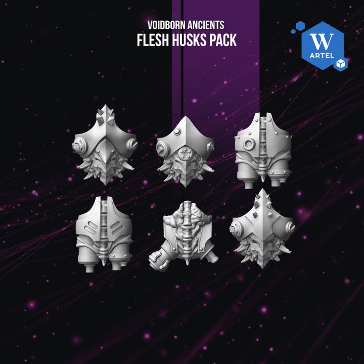 six different views of a flesh husk, a type of armor piece, against a dark purple background with stars.
