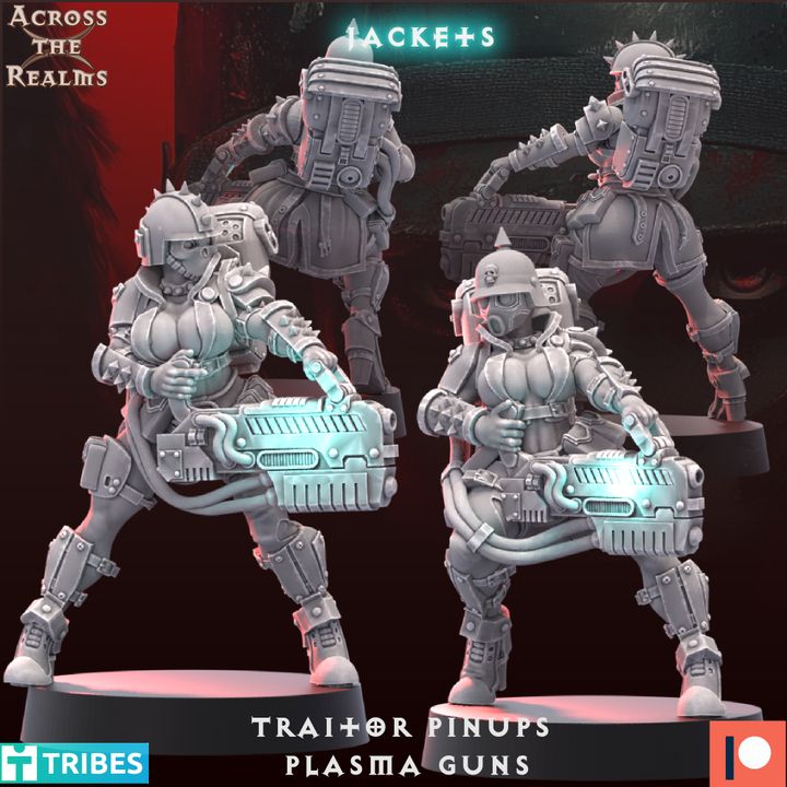 The image is a collage of three 3D models of female characters, each holding a large gun. The characters are wearing futuristic-looking armor and helmets, suggesting they are from a science fiction or fantasy setting. The collage is titled "Traitor Pinups" and "Plasma Guns", indicating the theme or genre of the images.
