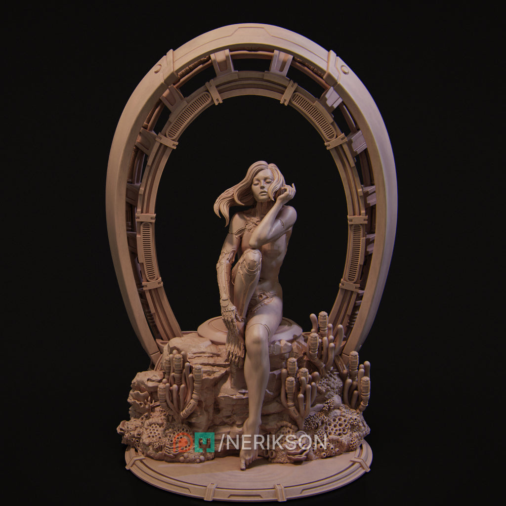 a sculpture of a woman sitting on a rock, surrounded by various plants and structures.