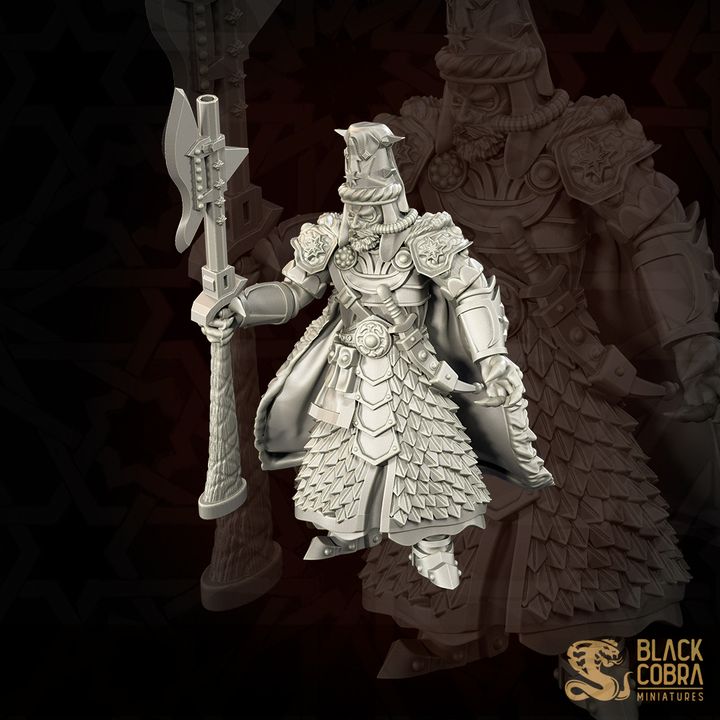 A detailed 3D model of a warrior figure, wearing ornate armor and wielding a sword, set against a dark background.
