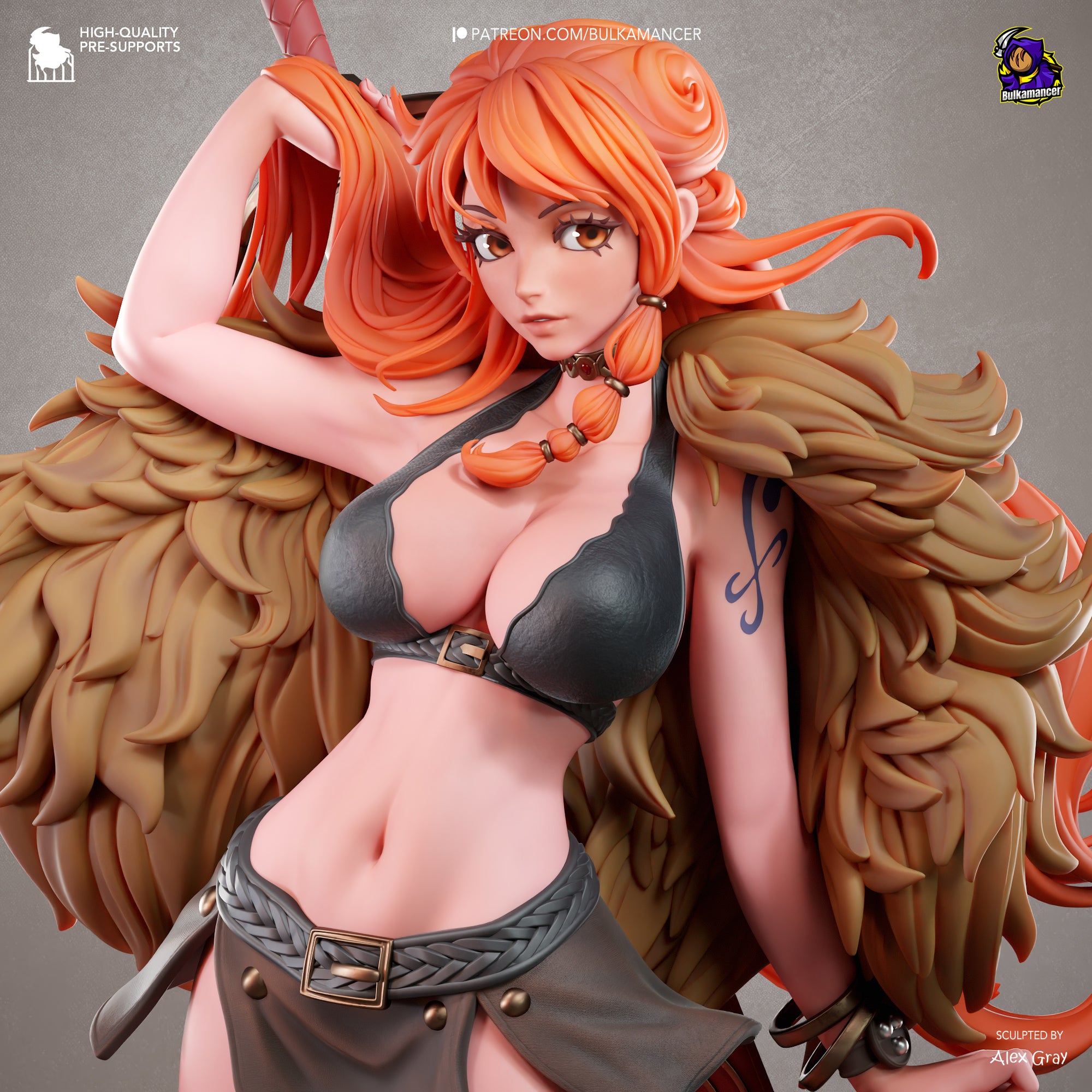A female character with orange hair and a black bra, wearing a brown skirt, posing with a sword in her hand.
