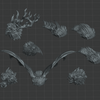 various stylized animal heads and antlers, arranged in a grid-like pattern against a dark background.