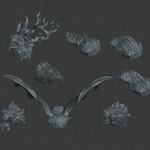 various stylized animal heads and antlers, arranged in a grid-like pattern against a dark background.