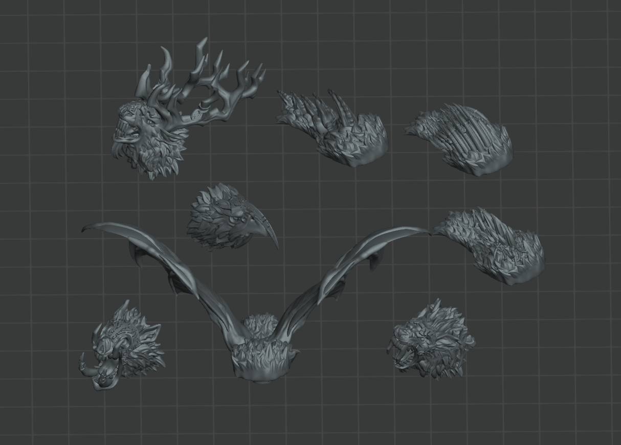 various stylized animal heads and antlers, arranged in a grid-like pattern against a dark background.