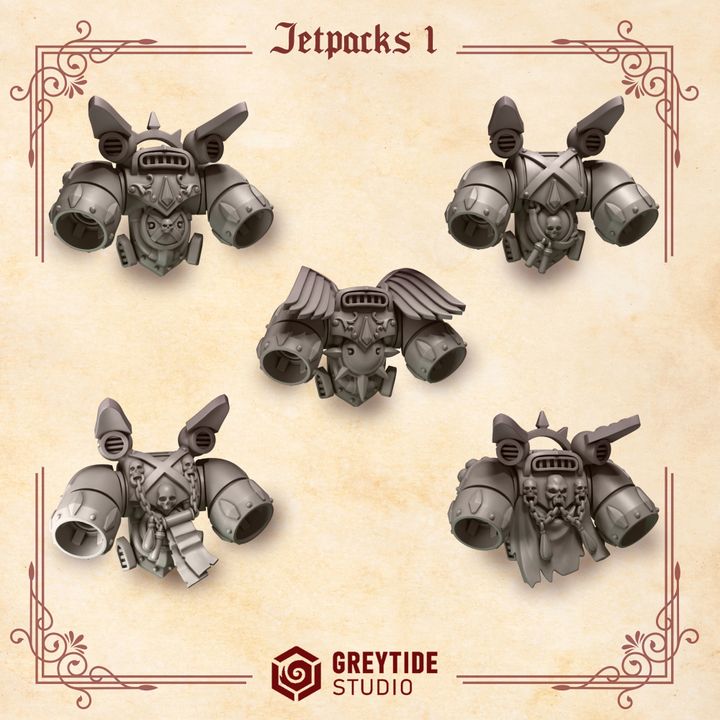 five different views of jetpacks, each with unique designs and features.