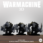 three 3D models of jungle troll characters, each holding various weapons, arranged in a row.