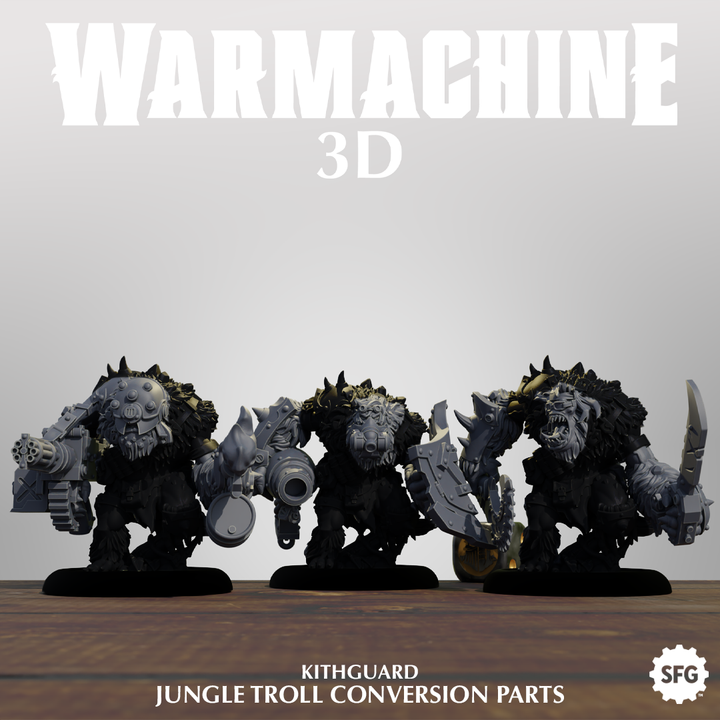 three 3D models of jungle troll characters, each holding various weapons, arranged in a row.