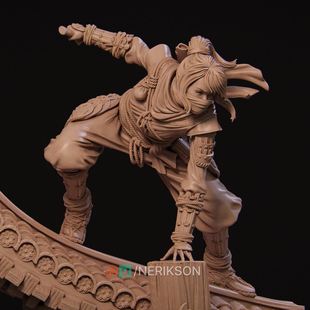 Shizuka Rooftop Ninja | 3D Printed Resin Miniature Statue | 75mm & 140mm Unpainted Figure | Nerikson