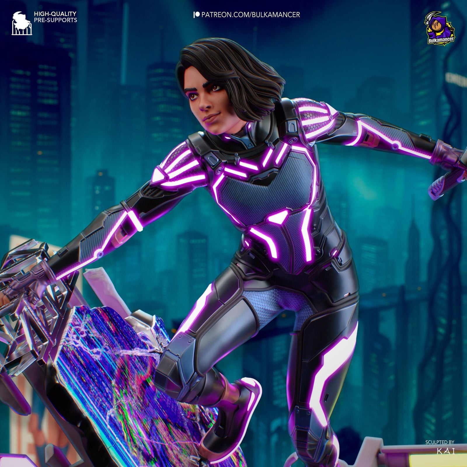 a woman in a futuristic suit riding a skateboard