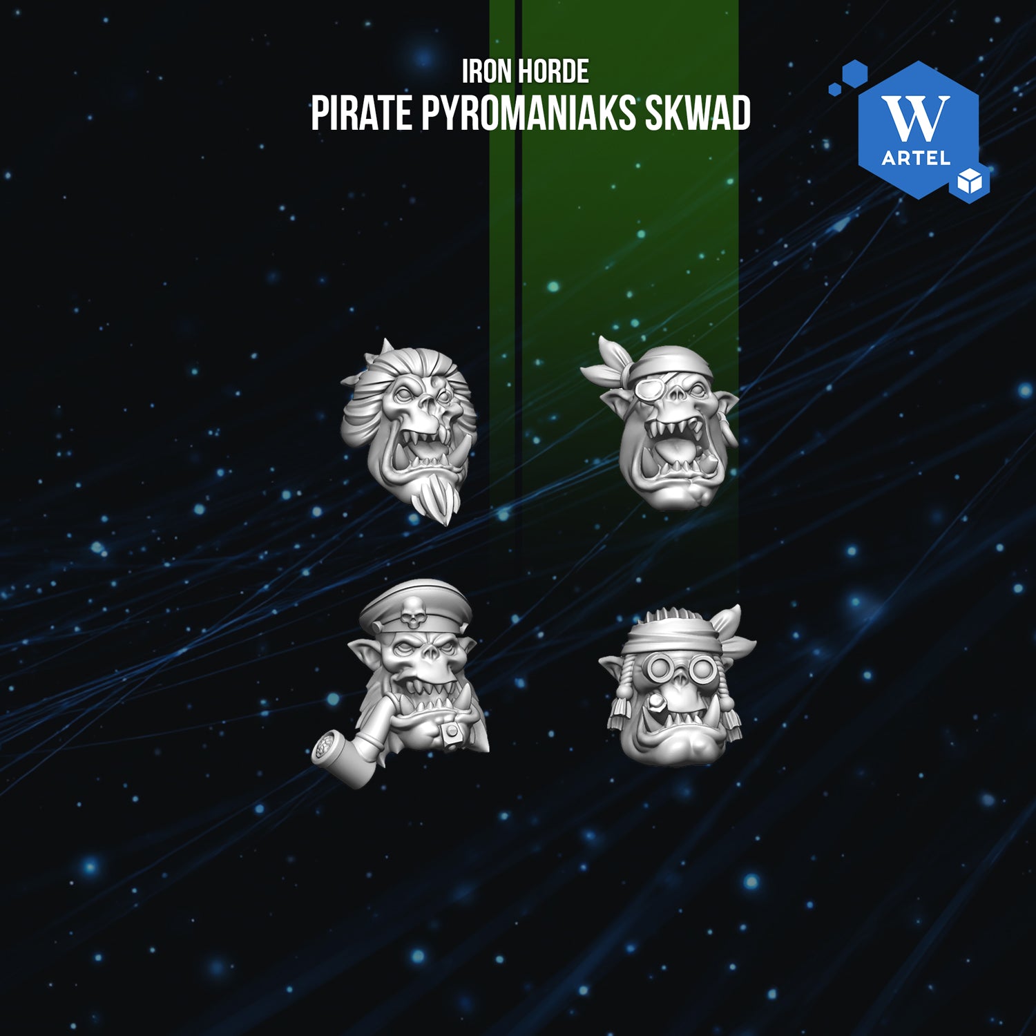 four pirate-themed character heads, each with a unique design and expression, set against a dark, starry background.