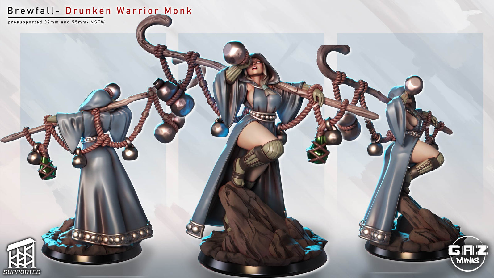 A 3D rendering of a character named Brewfall, a Drunken Warrior Monk, depicted in various poses and stances.