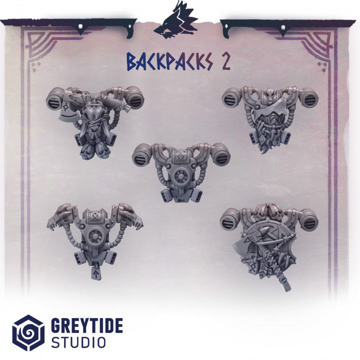 six different backpacks, each with unique designs and features, displayed against a purple and white background.