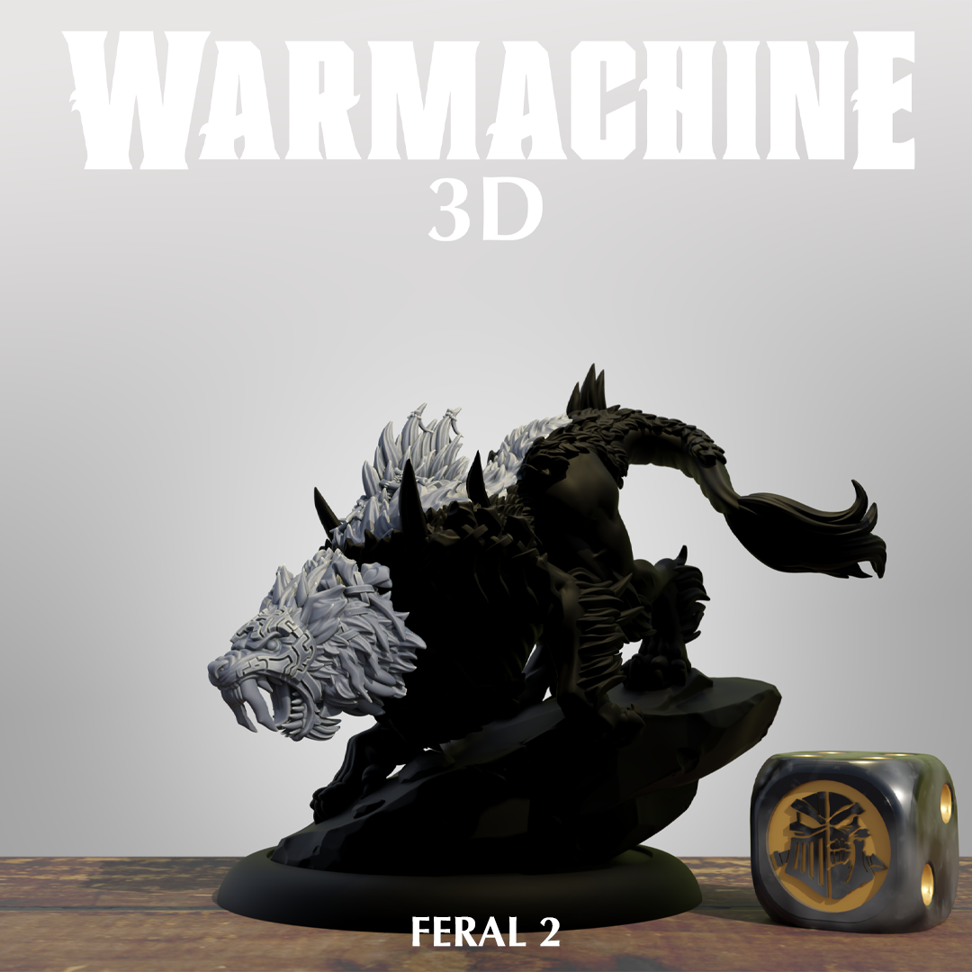 a 3D rendering of a black and white sculpture of a fierce-looking creature, possibly a dragon or a wolf, sitting on a rock. Next to the sculpture is a dice with a unique design. The background is a plain white color.