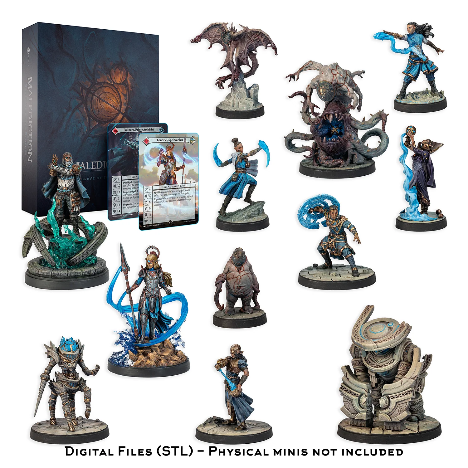 a collection of various figurines and cards, including digital files and physical minis, arranged in a grid-like pattern.