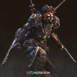 A heavily armored and armed steampunk-style character with intricate mechanical details and a distinctive red-haired appearance, wielding a large sword and surrounded by smoke.