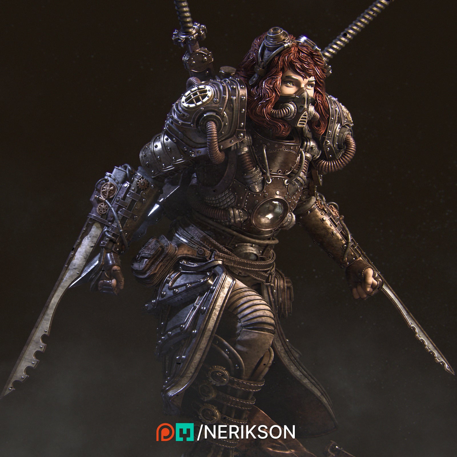 A heavily armored and armed steampunk-style character with intricate mechanical details and a distinctive red-haired appearance, wielding a large sword and surrounded by smoke.