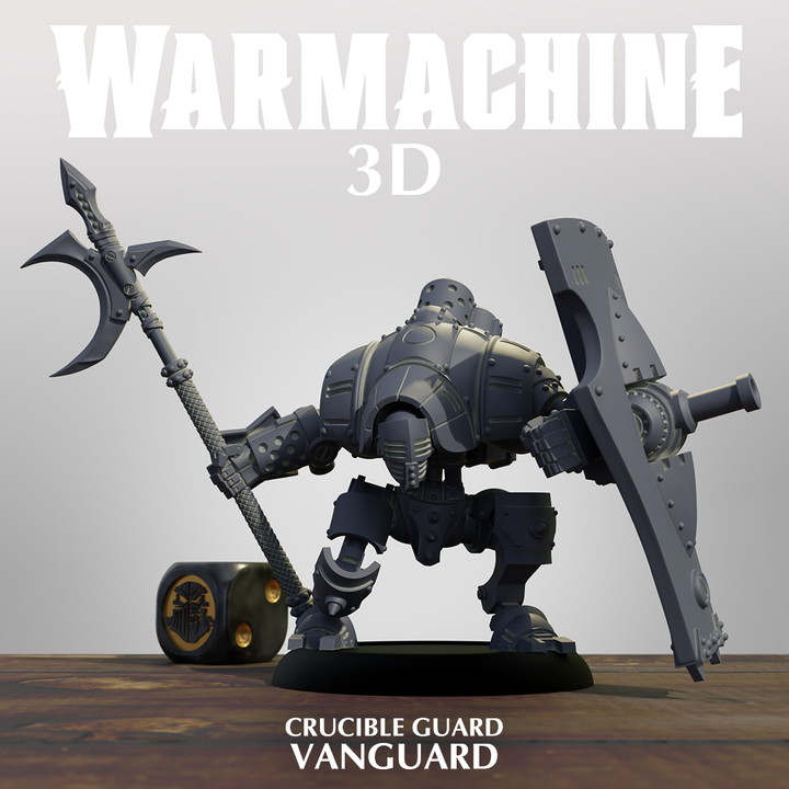 A 3D rendering of a crucible guard model, with the text "WARMACHINE 3D" and "CRUCIBLE GUARD VANGUARD" displayed prominently.