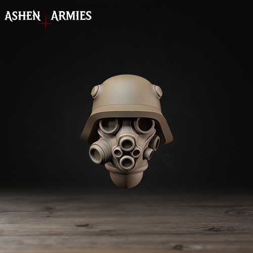 A 3D rendering of a military helmet with multiple vents, set against a dark background.
