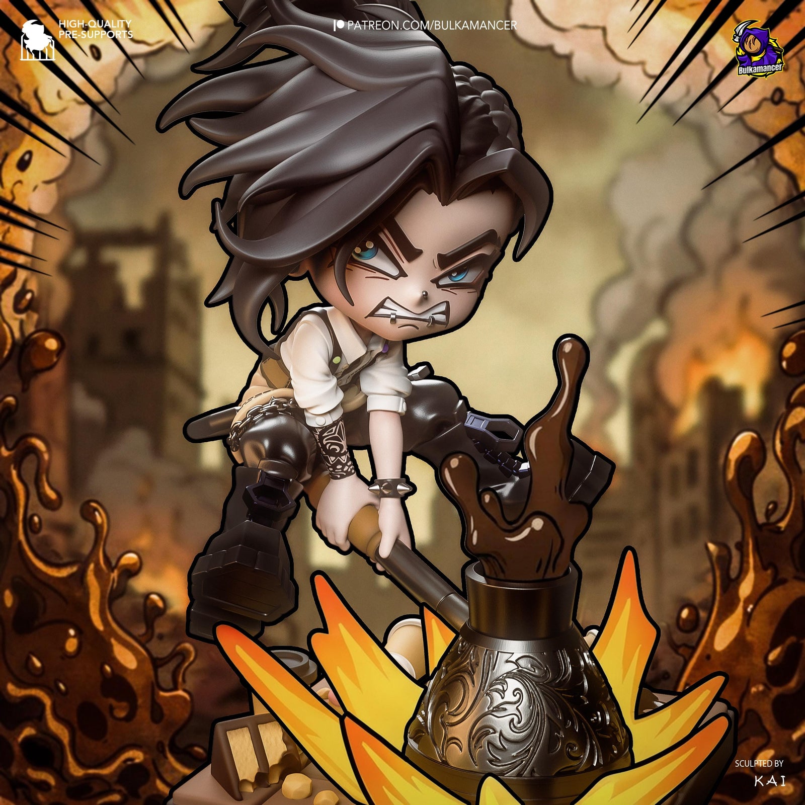 Mokka Chibi Unpainted Resin Statue | Cute Chibi Brawler Figure | Dynamic Splash Base Diorama | 123mm Display Model | 3D Printed