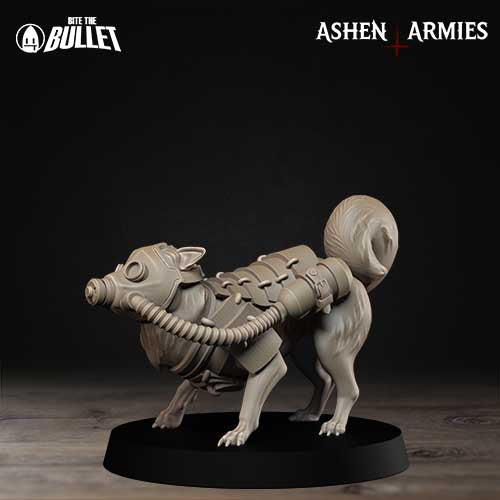 A figurine of a dog wearing a gas mask, standing on a black base.
