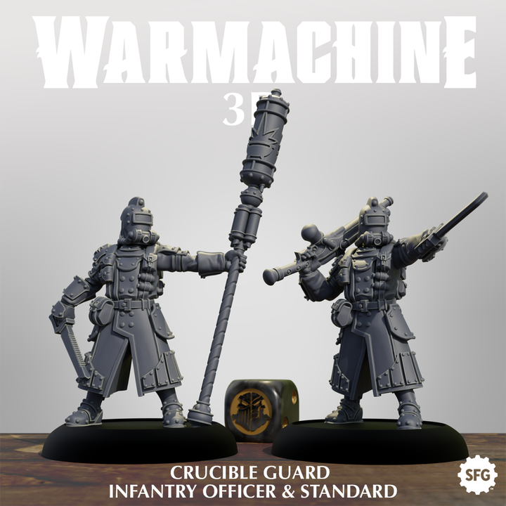two figurines of soldiers, one holding a large gun and the other a sword, standing on a platform.