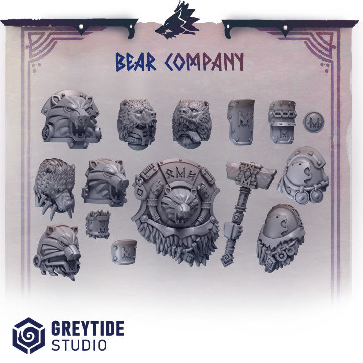 various bear-themed items, including bear heads, claws, and other bear-related accessories, arranged in a collection.